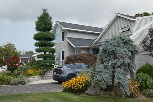 Elegant suburban house with diverse landscaping includes car in driveway.