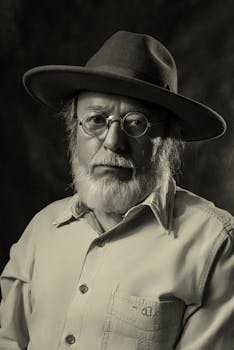 Sepia-toned portrait of an elderly man wearing glasses and a hat, evoking a classic and vintage mood.