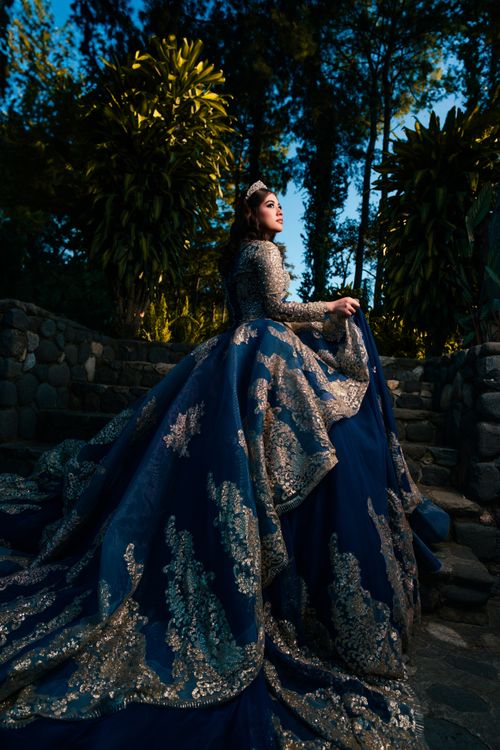 Free Majestic woman in a blue gown with silver embroidery in a garden setting, radiates elegance. Stock Photo