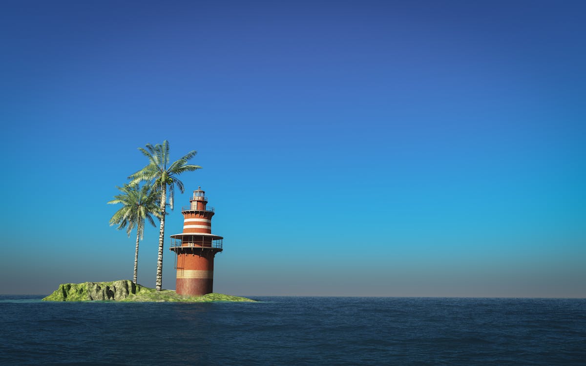 Lighthouse Beside Palm Tree on Islet