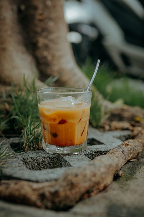 Free Chilled iced coffee in a glass with a metal straw, set outdoors on a tree root. Stock Photo