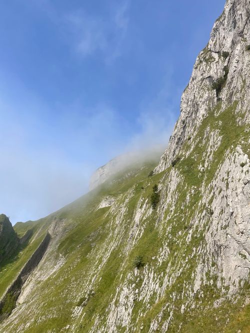 Free Breathtaking view of steep mountain cliffs with lush greenery and blue sky in the Swiss Alps. Stock Photo