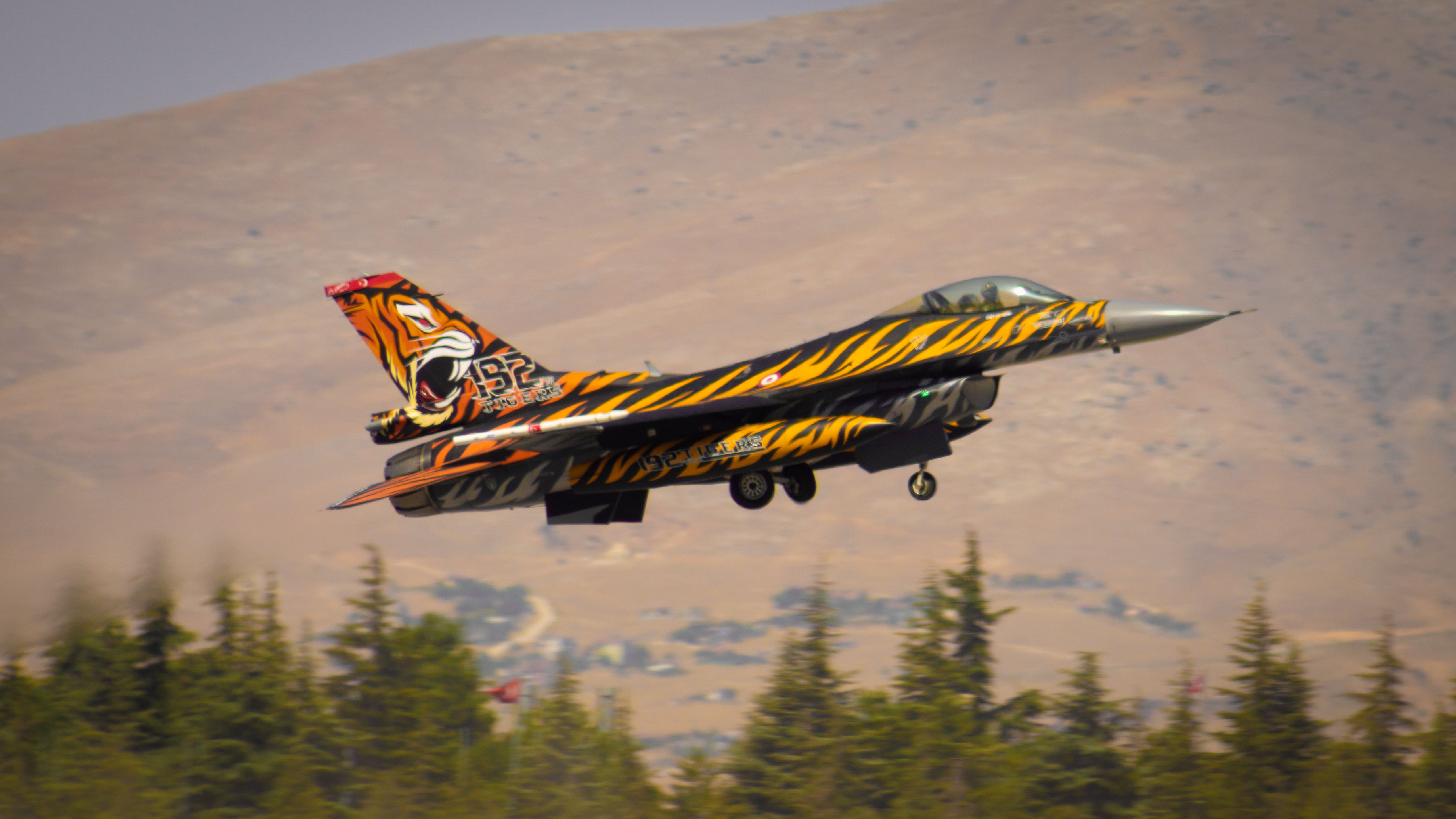 Tiger-themed jet soaring over Konya, Türkiye, during a clear day.