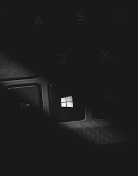 Dramatic black and white close-up of a keyboard's Windows key, featuring stark lighting and shadow.