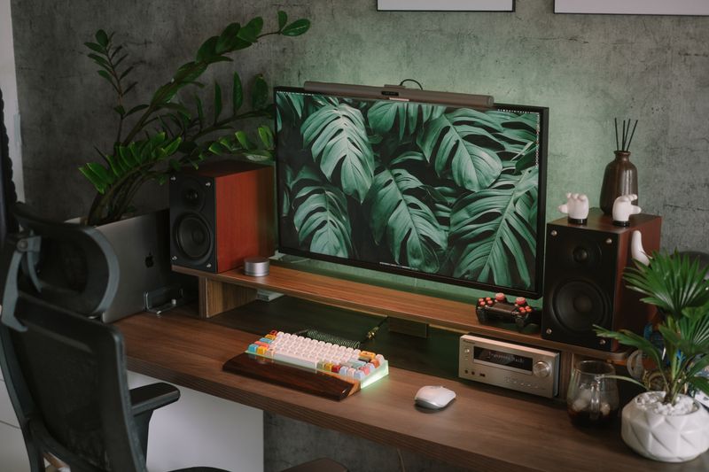 fully styled desk with coordinated decor pieces and plant