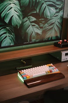 Modern workspace setup featuring a mechanical keyboard and leafy plant wallpaper on a desktop screen.