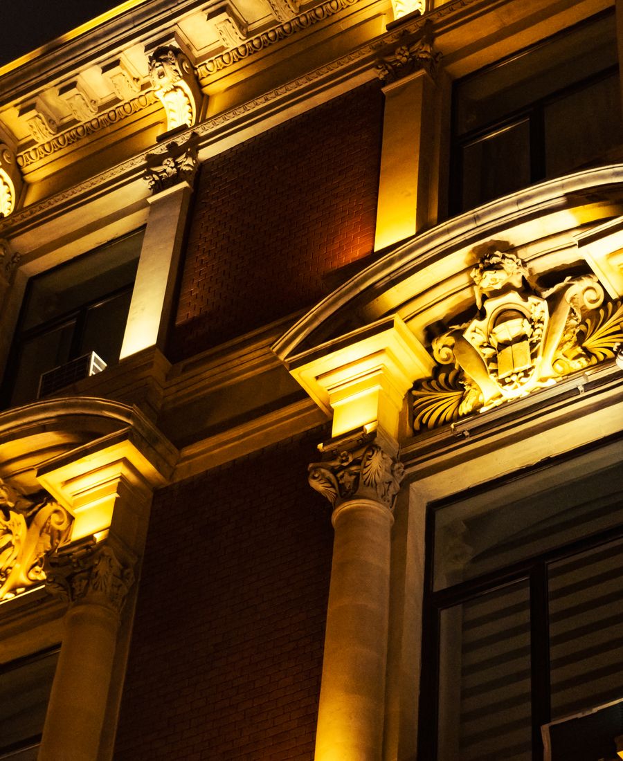 Uplit architectural facade at night