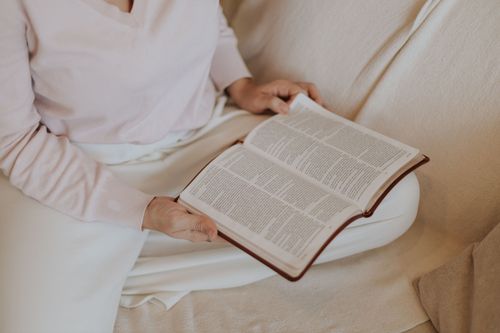 Free A woman sitting indoors on a couch reading an open book, wearing soft colored clothing. Stock Photo