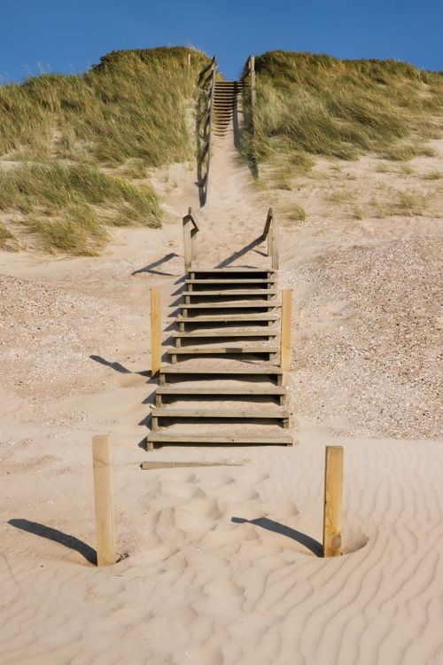 Free Wooden staircase ascending through sand dunes in Dänemark, inviting beach pathway. Stock Photo