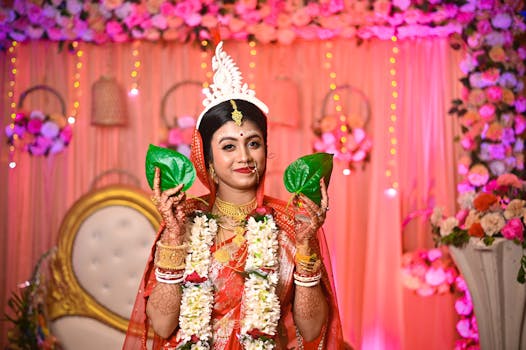 Beautiful Bengali bride in traditional attire holding betel leaves at a cultural wedding in Kolkata, India.