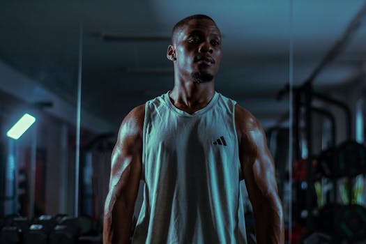 Strong man with muscular physique posing confidently in gym interior.