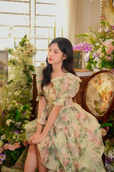 A woman in a floral dress sitting gracefully among a colorful flower arrangement indoors.