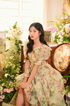 Elegant woman in vintage floral dress sitting amidst lush floral arrangement in cozy setting.