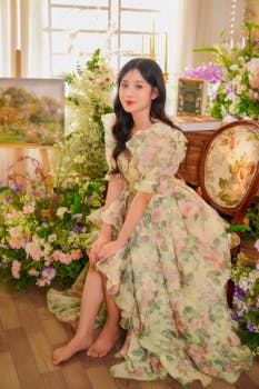 A beautiful woman in a floral dress poses elegantly in a flower-filled room, exuding charm and grace.