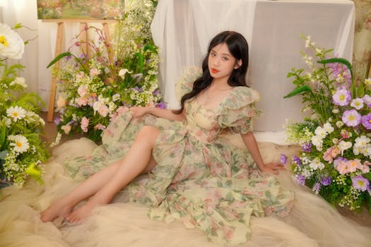 A woman in a floral dress poses elegantly amid colorful flowers indoors.