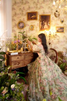 A woman in a floral gown decorates a vintage table surrounded by flowers.