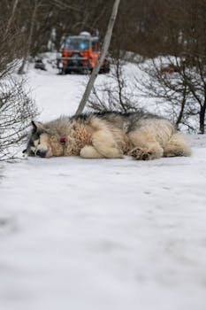 A Siberian Husky resting on snow in Ushuaia, with a snow tractor in the background.