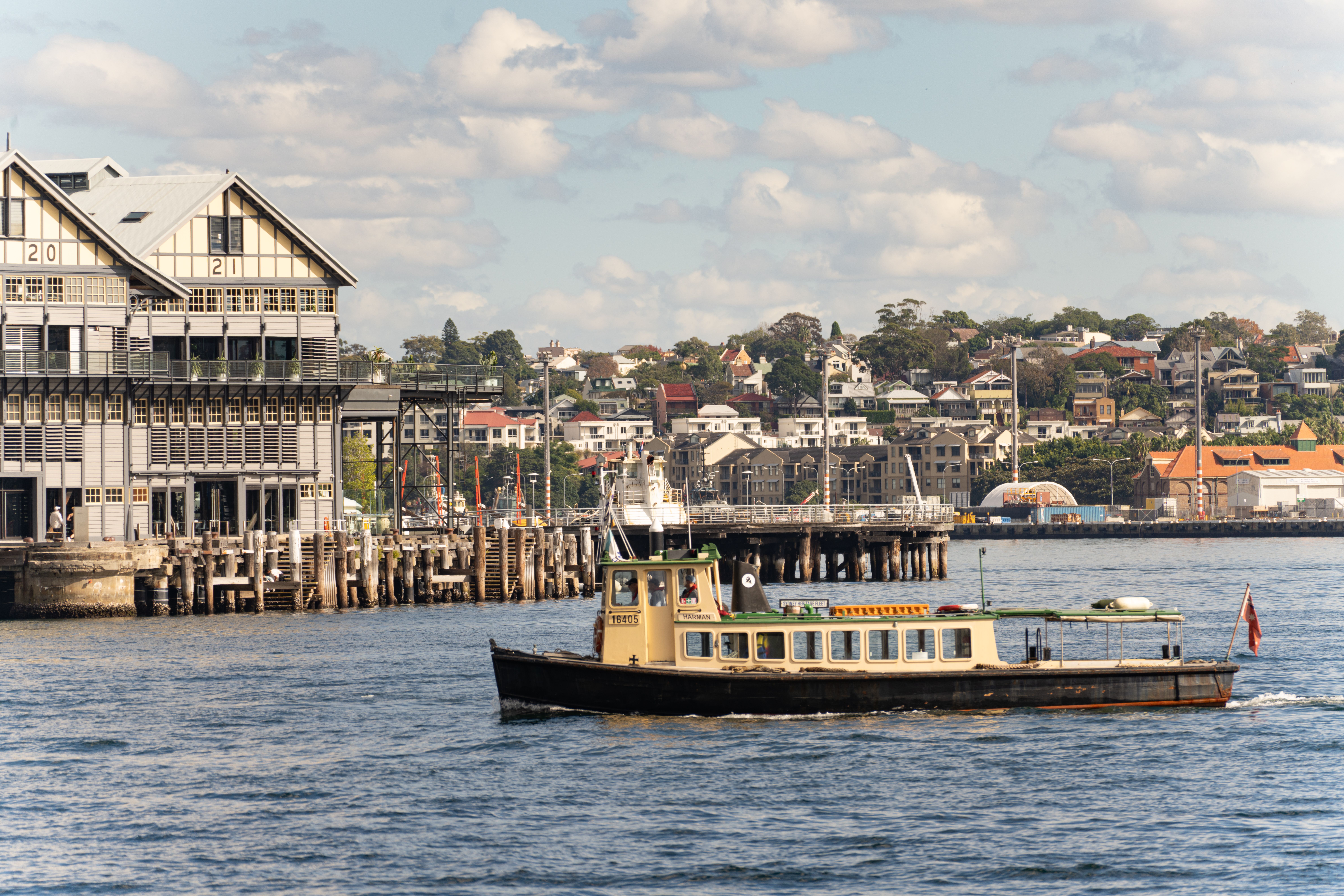 Sydney harbor ferry near Barangaroo — The Rocks 1788 first settlement + cobblestone + Lord Nelson 1841 oldest pub
