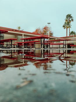 雨后圣何塞的水坑中，倒映着红色的野餐桌，定格了户外的景致