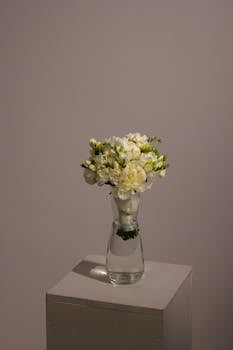 Simple yet elegant bouquet of white flowers in a glass vase on a pedestal.
