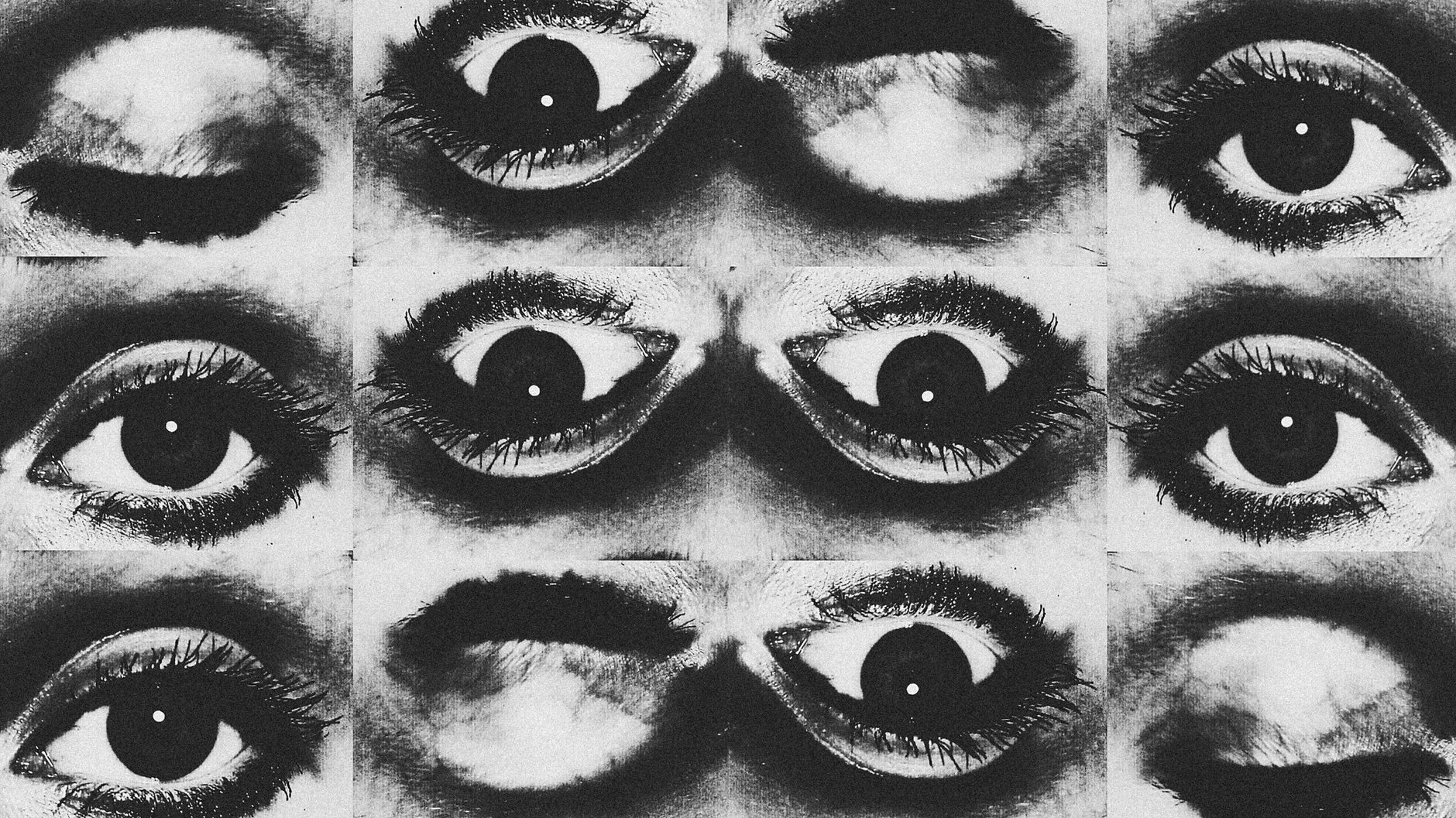Artistic collage of black and white eye images creating a surreal effect.
