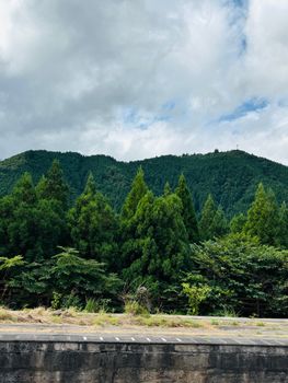 Lush green hills and forest under a cloudy sky in Ōsaki, Miyagi, Japan.