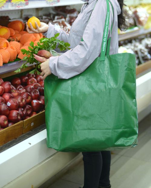 Free Woman holding fruit and vegetables in a supermarket using an eco-friendly green shopping bag. Stock Photo