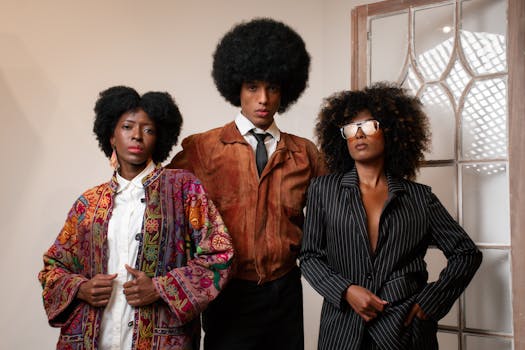 Three people in retro fashion pose with confidence indoors.