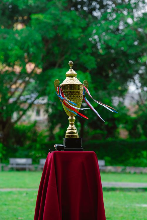 Free A golden trophy cup displayed outdoors on a red velvet tablecloth, symbolizing achievement. Stock Photo
