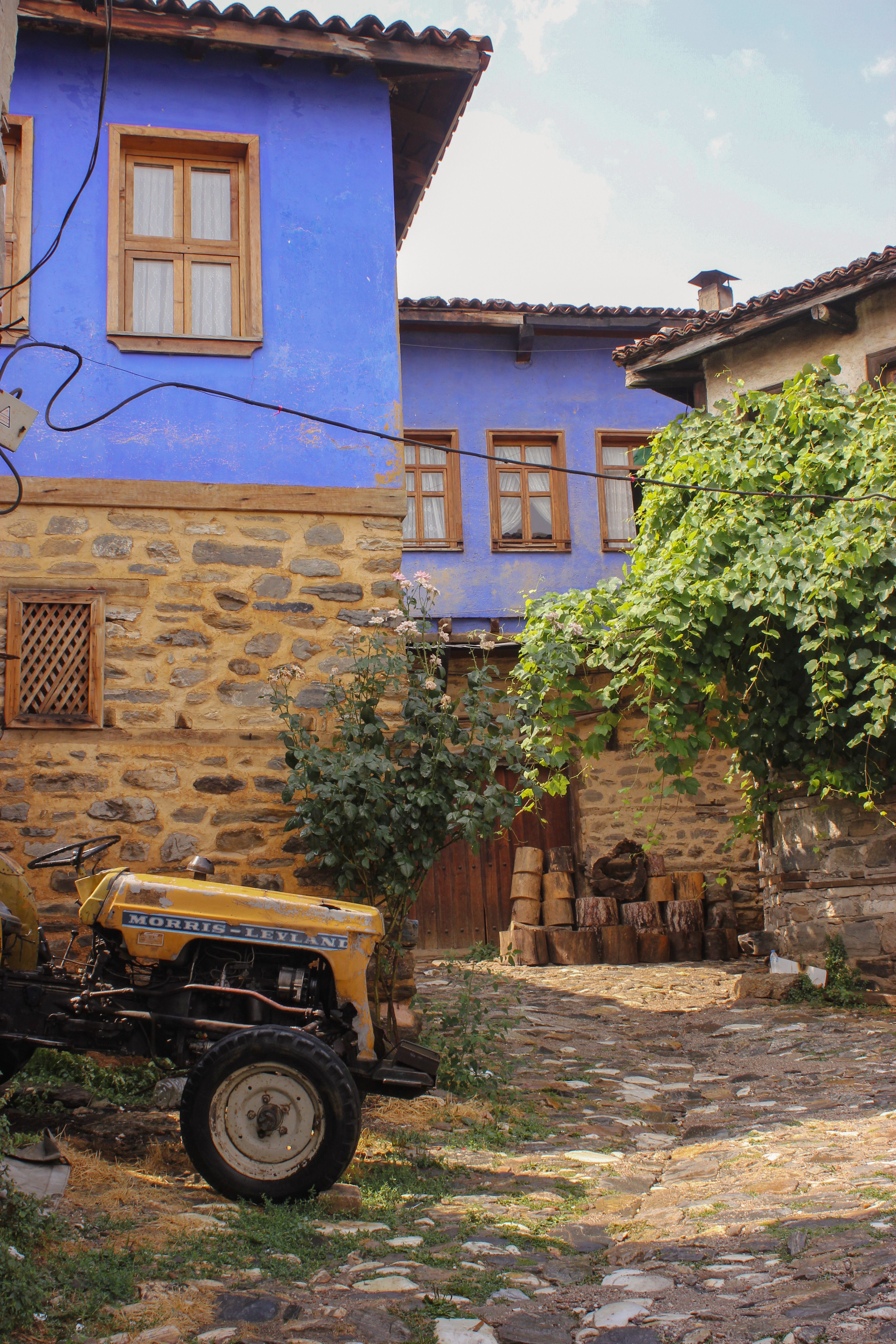 Charming Rustic Village Scene with Blue House · Free Stock Photo
