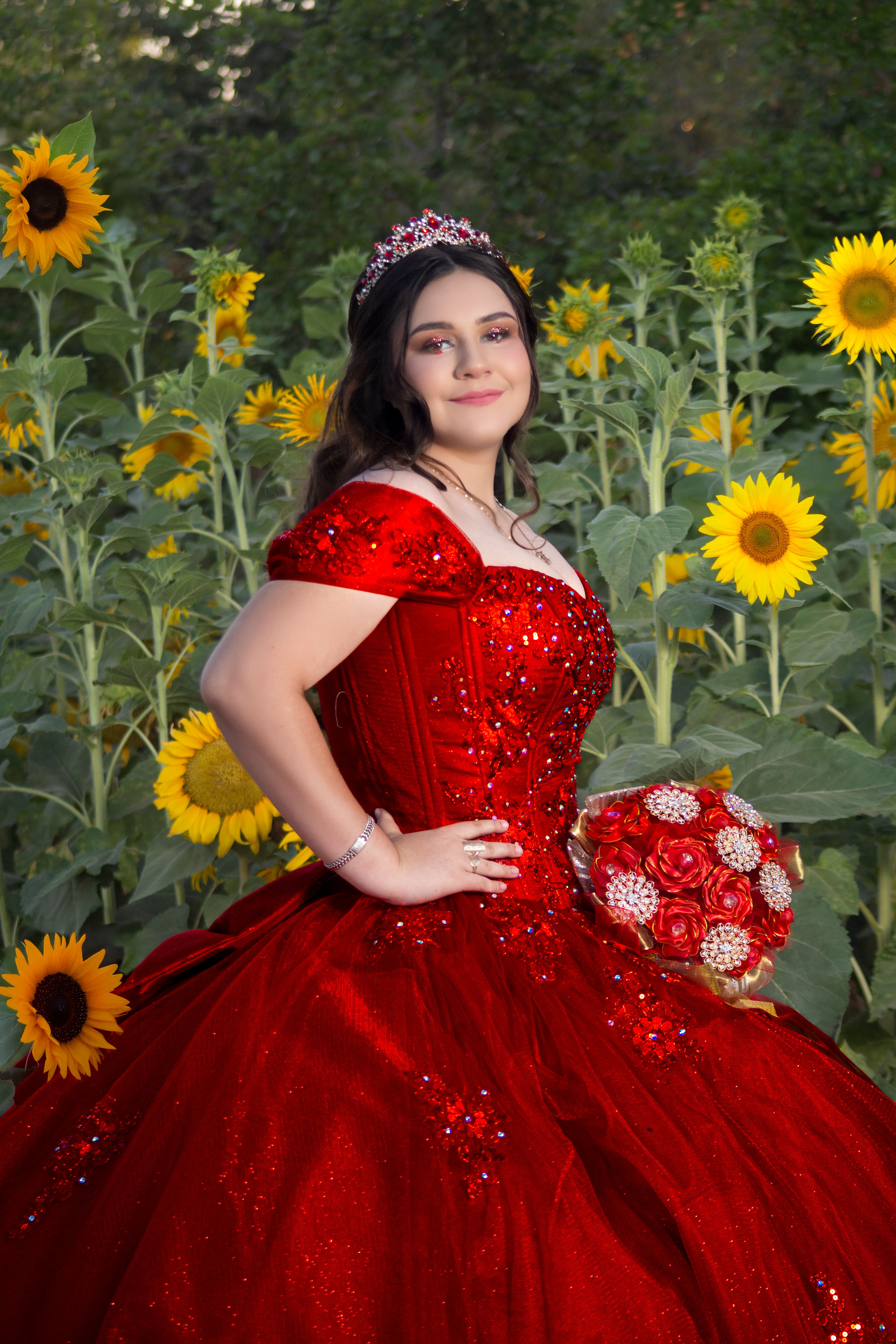 Elegant Woman in Red Dress with Sunflowers Free Stock Photo Elegant Woman in Red Dress with Sunflowers Free Stock Photo