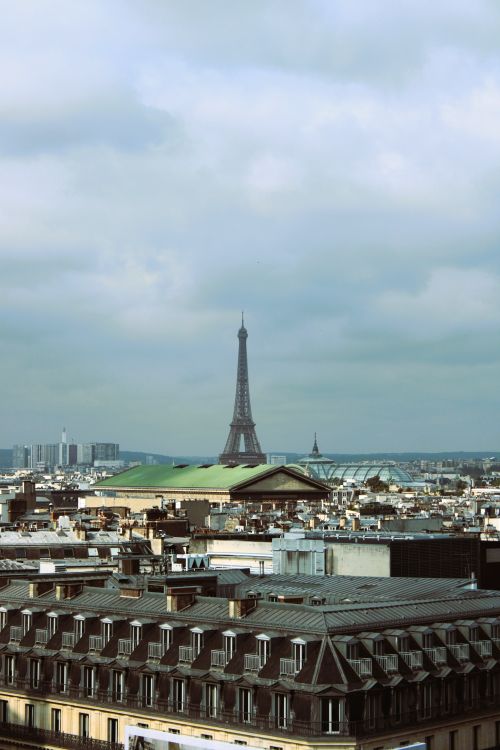Free A stunning view of Paris architecture with the Eiffel Tower in the background under a cloudy sky. Stock Photo