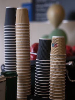 Close-up of stacked paper coffee cups in a cozy café ambiance.