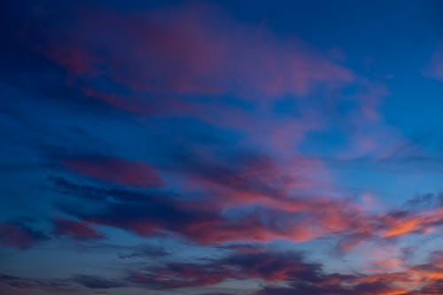 From below of vivid blue sky covered with bright highlighted clouds at sunset