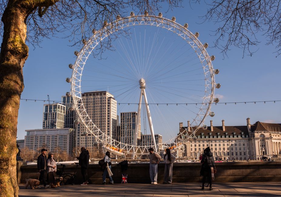 Visitors strolling near the London Eye on a sunny day, with a vivid view of the cityscape.
