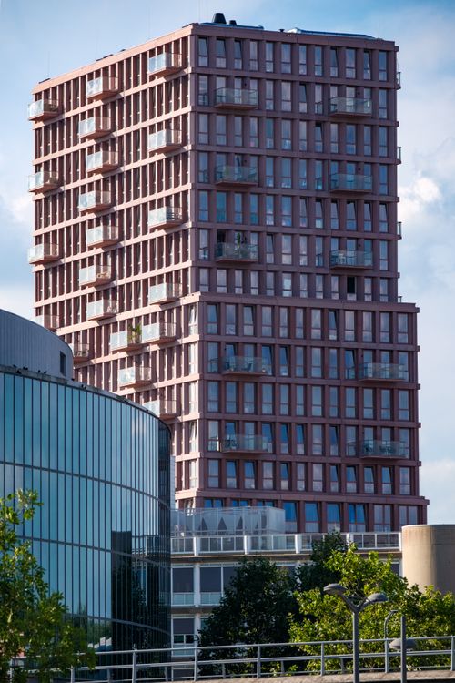 Free Contemporary high-rise apartment building with balconies in Almere, Netherlands. Stock Photo