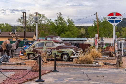 Explore the nostalgic Route 66 car display in Williams, Arizona, capturing vintage automobile culture.