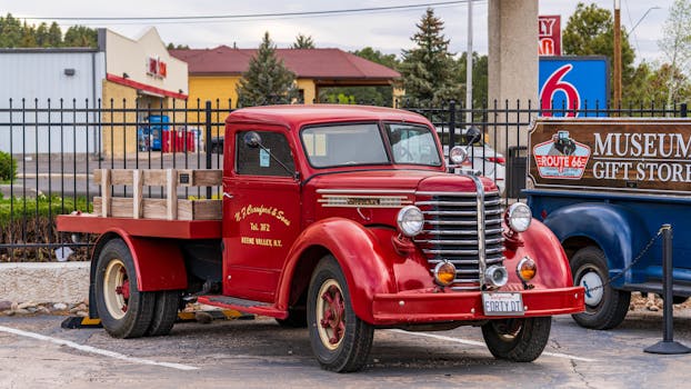 A classic red vintage truck outside the Route 66 Museum in Williams, Arizona, showcasing nostalgic automotive history.