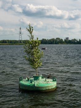 A buoy with a tree in a lake at Almere, showcasing eco-friendly design and nature's harmony.