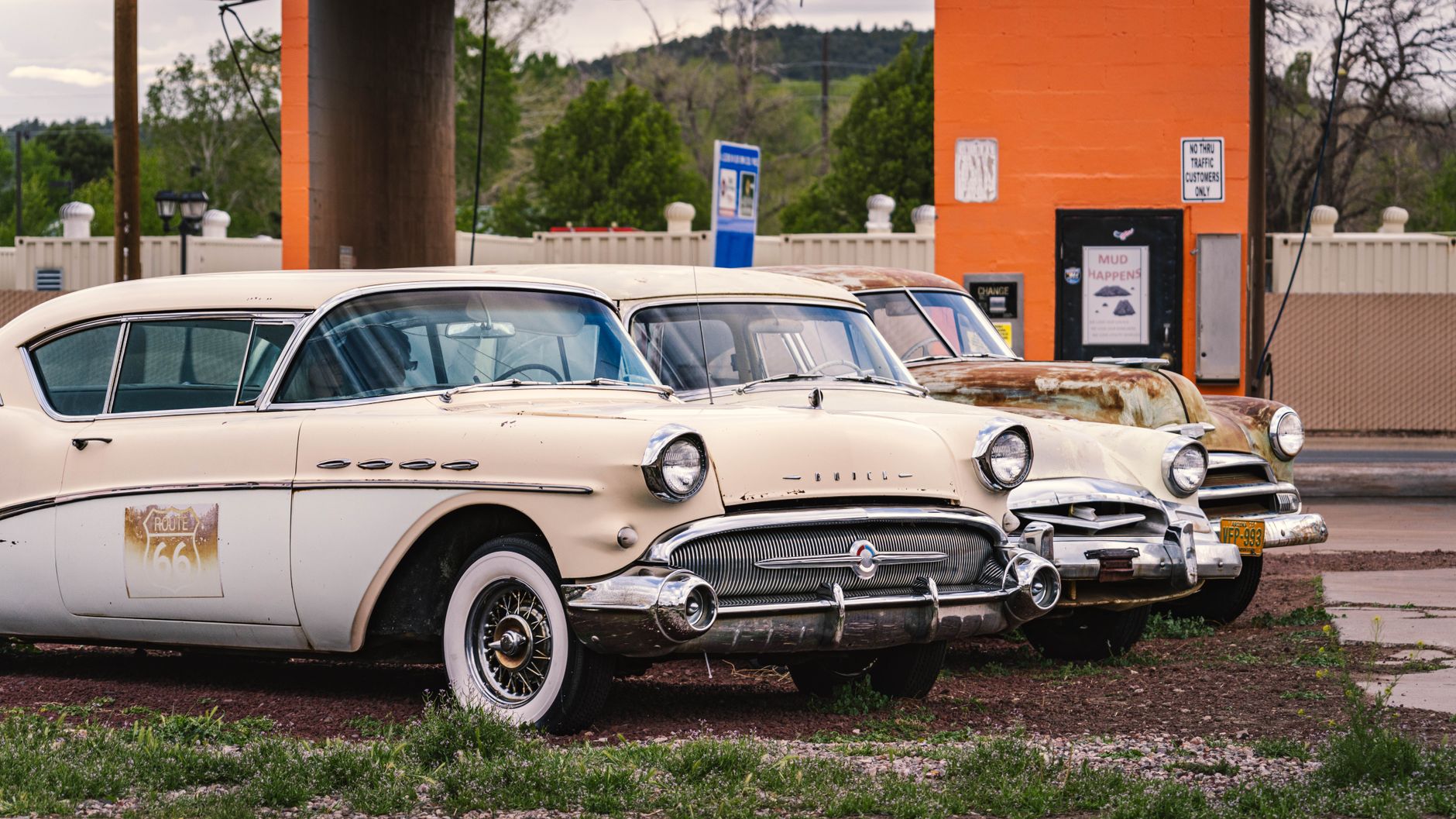 Classic Buicks displayed on Route 66 in Williams, Arizona. Nostalgic automotive history.