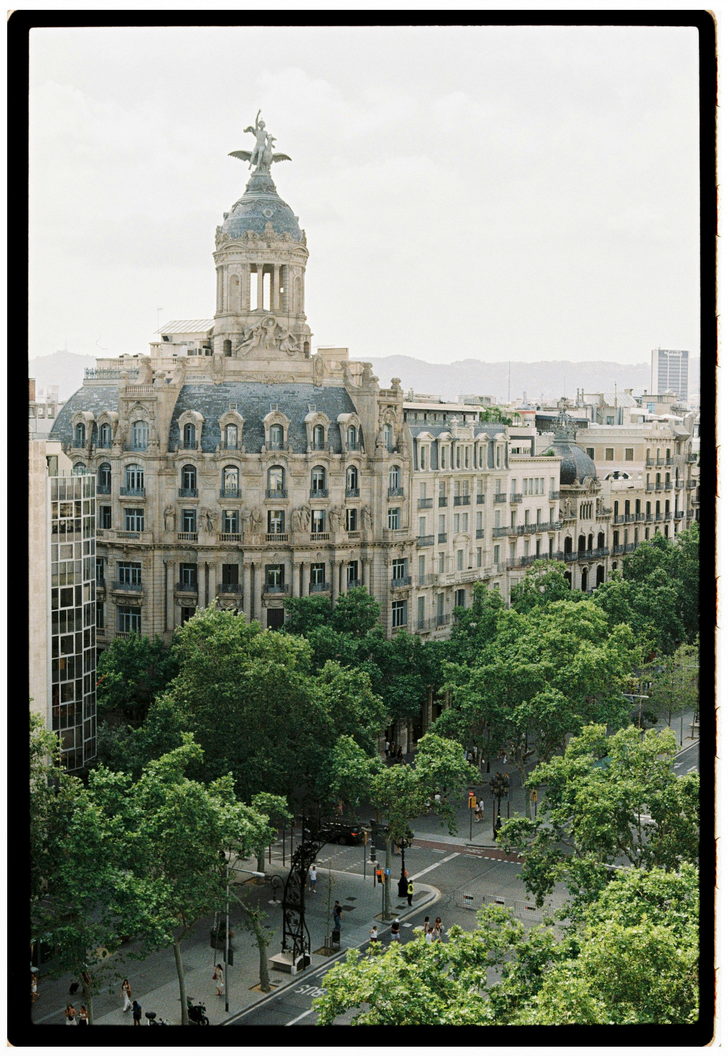 A scenic view of the iconic architecture of Barcelona, featuring lush green trees lining the streets.