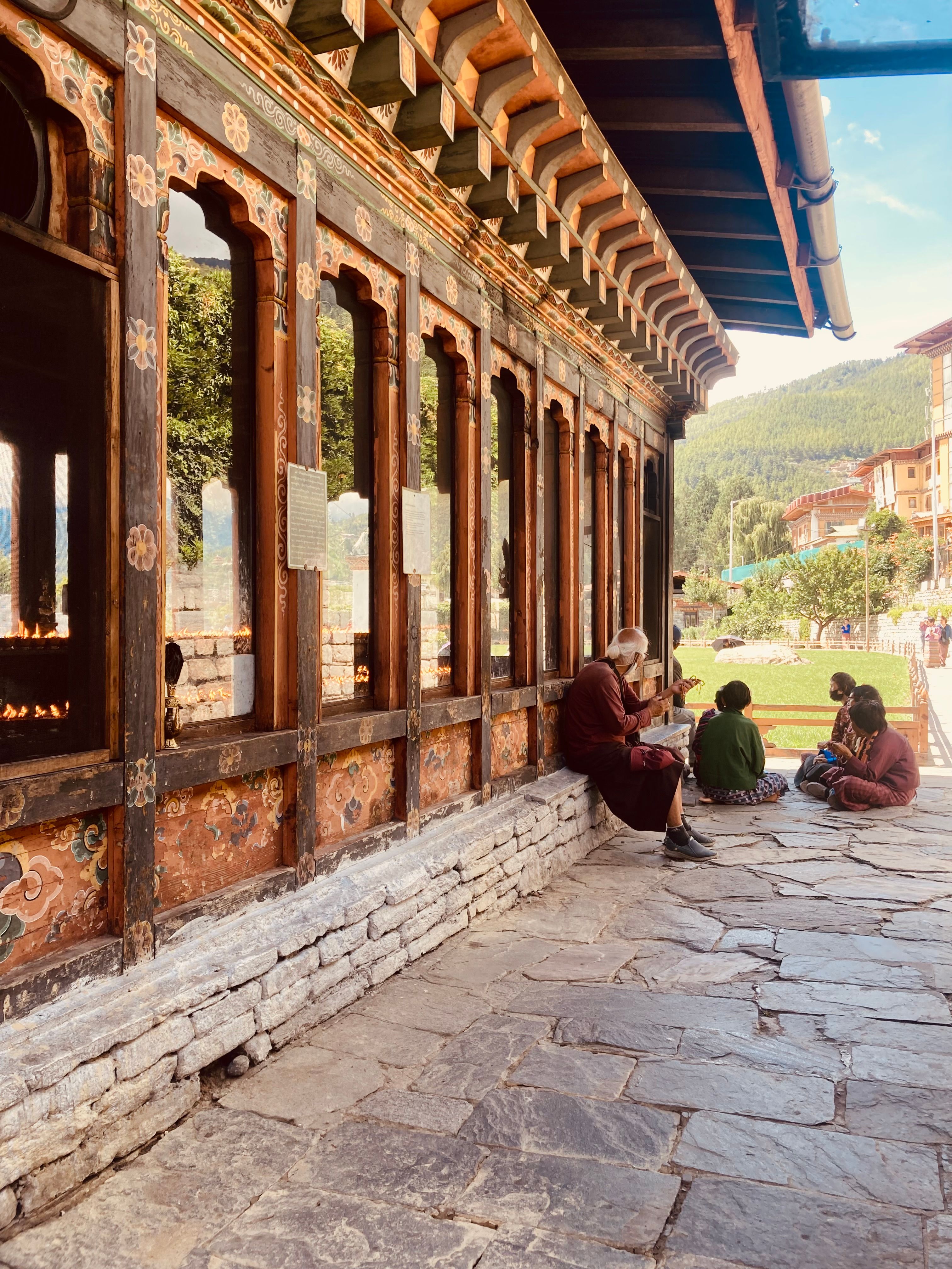 Scenic view of Paro Valley with Bhutanese architecture surrounded by mountains
