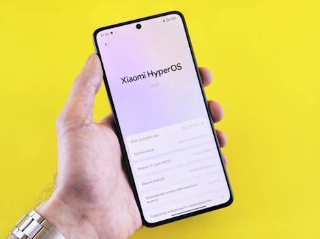 Close-up of a smartphone displaying Xiaomi HyperOS interface, held by a hand against a bright yellow background.