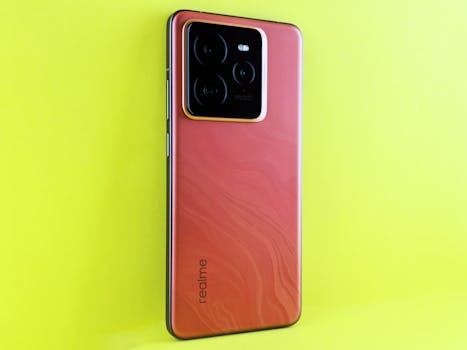 A sleek Realme smartphone with a red finish on a bright yellow background, showcasing the camera module.