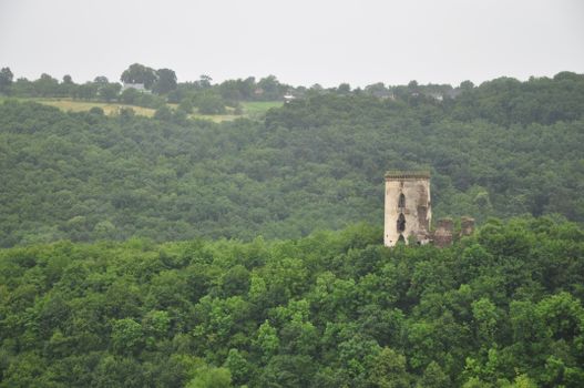 A solitary castle tower surrounded by dense, verdant forest.