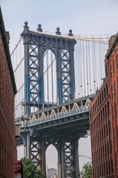View of the Manhattan Bridge framed by brick buildings in Dumbo, Brooklyn.