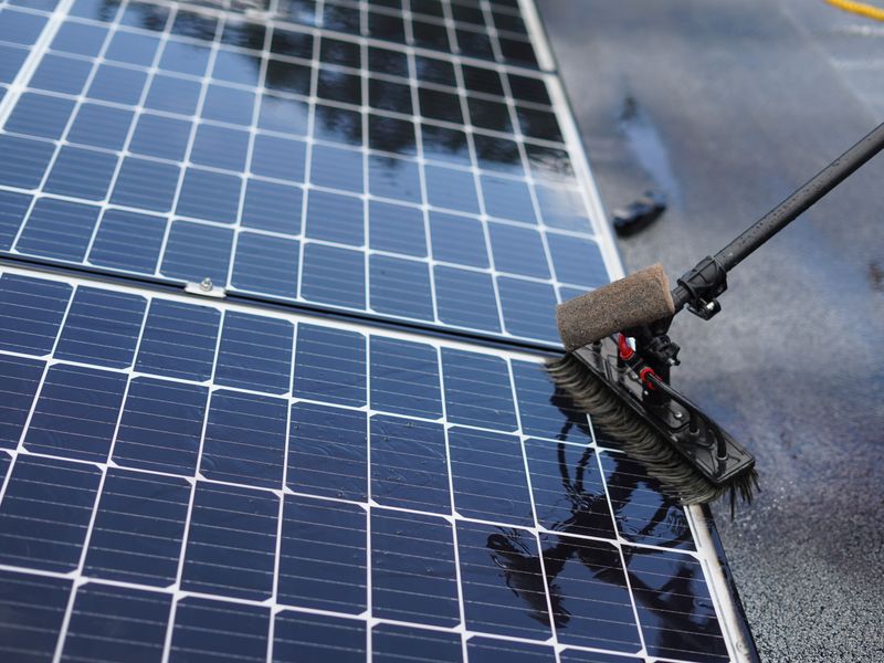Solar panels being cleaned during maintenance