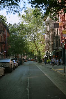 Charming urban street scene with trees, historic buildings, and parked cars in New York.