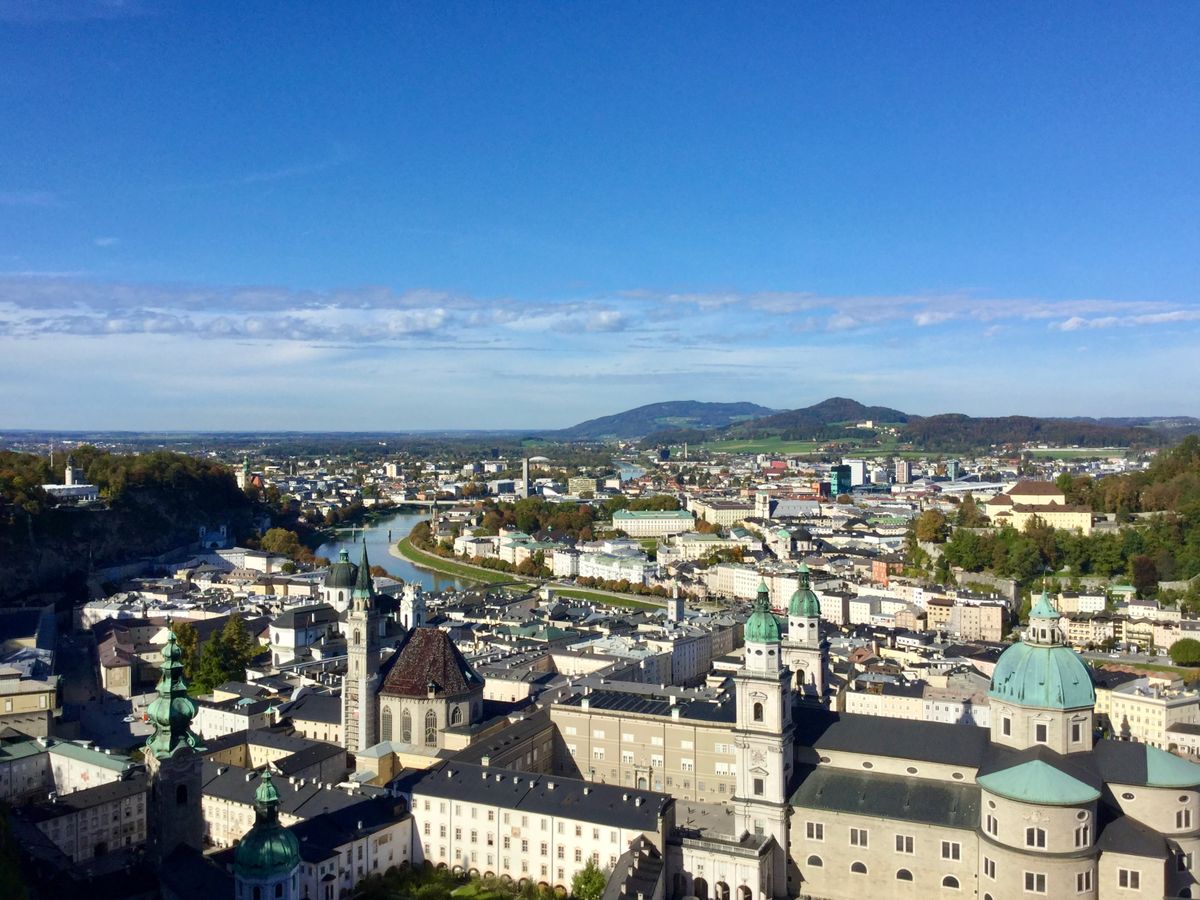 Aerial view of Salzburg old town along the Salzach River