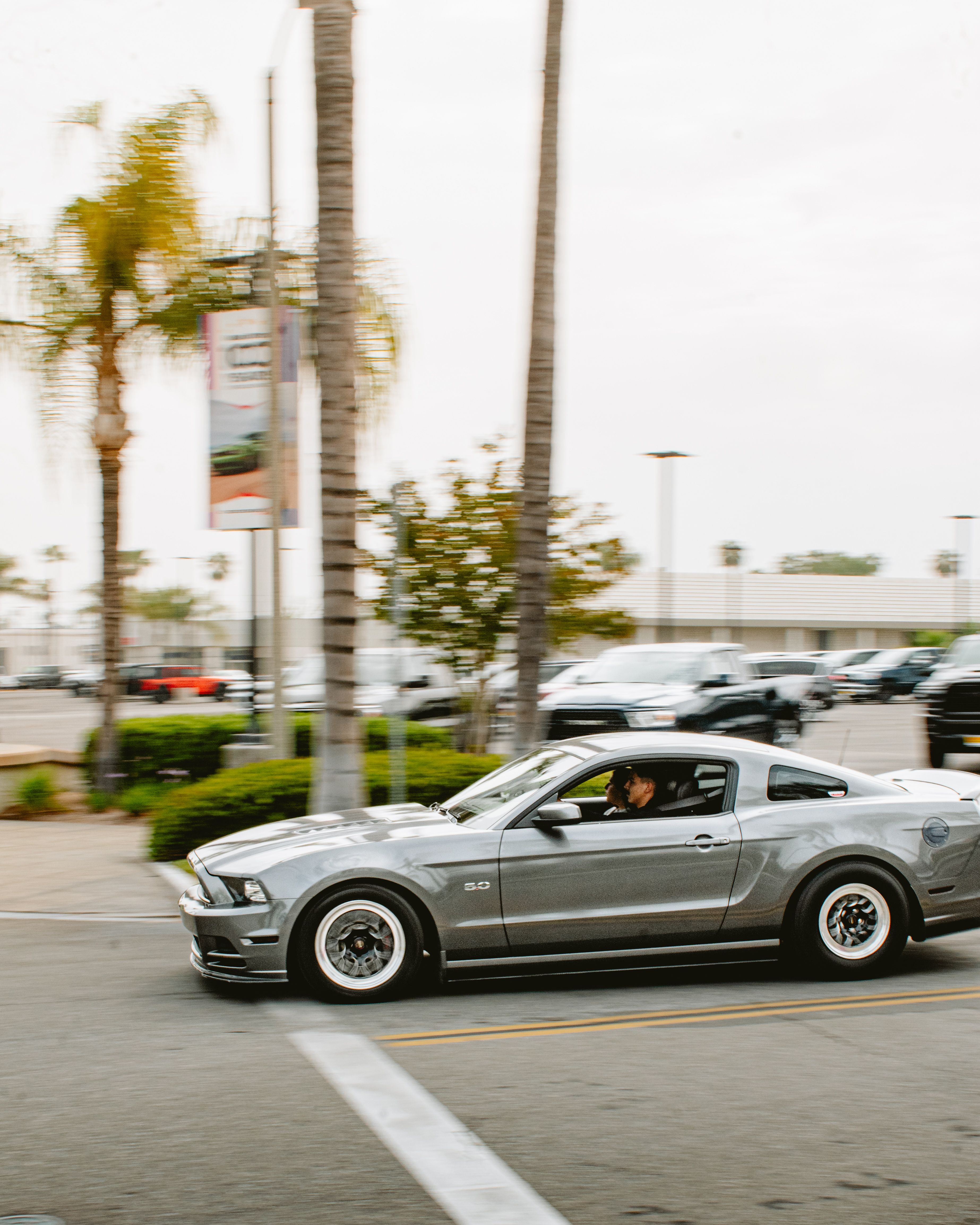 Silver car drives through palm-lined urban area on a casual day, showcasing motion and style.